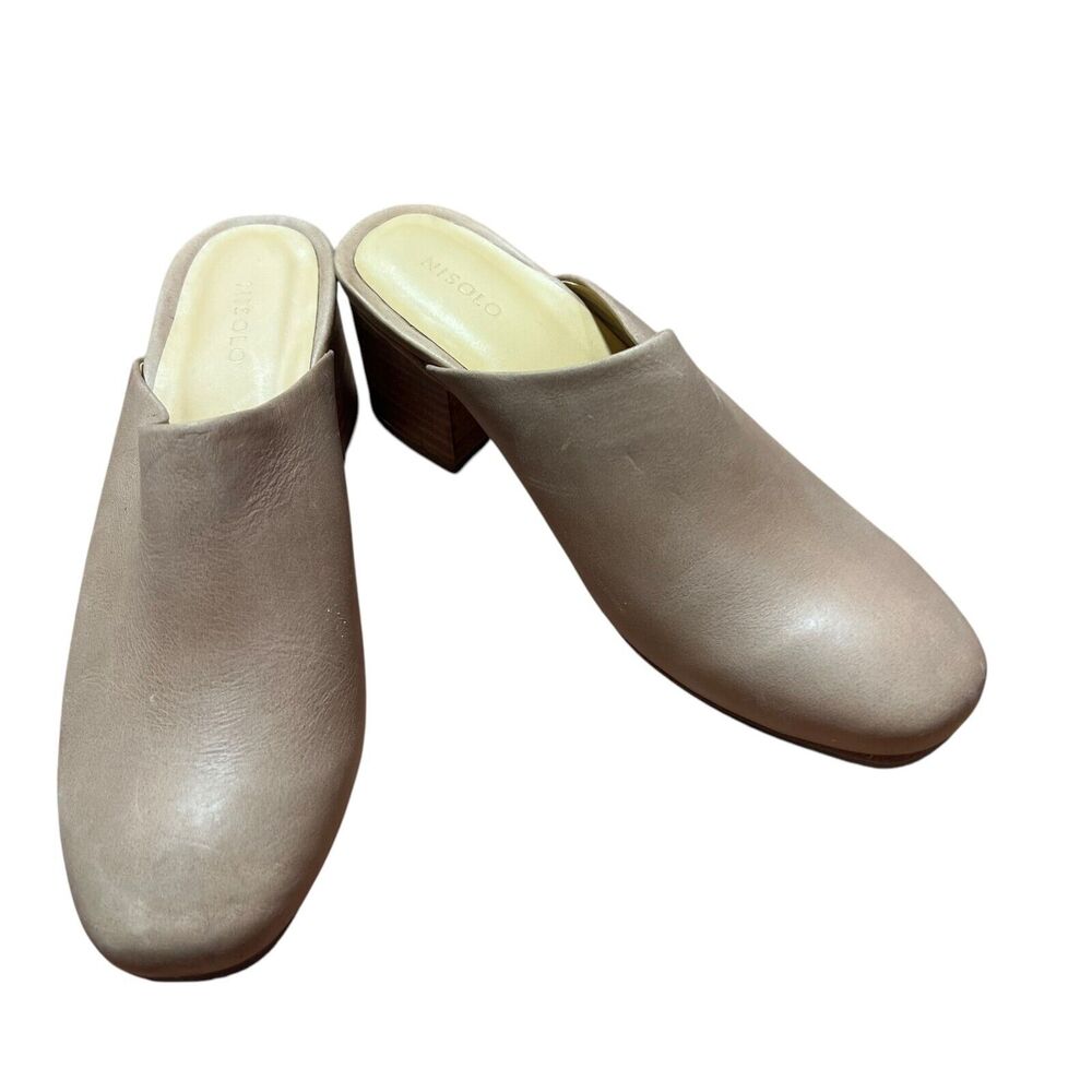 Nisolo All-Day Heeled Mule Shoes Womens Size 7.5 Almond Leather Slip On‎ Comfort